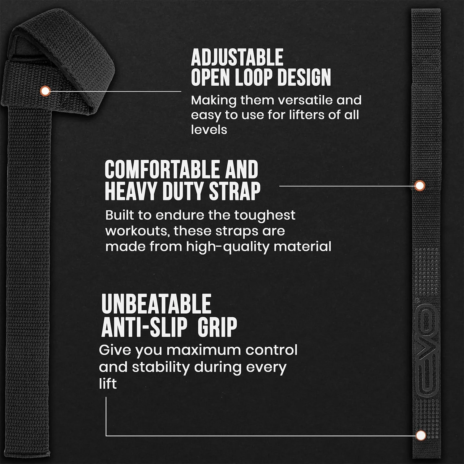 EVO Fitness Weight Lifting Straps all Black - Image 3