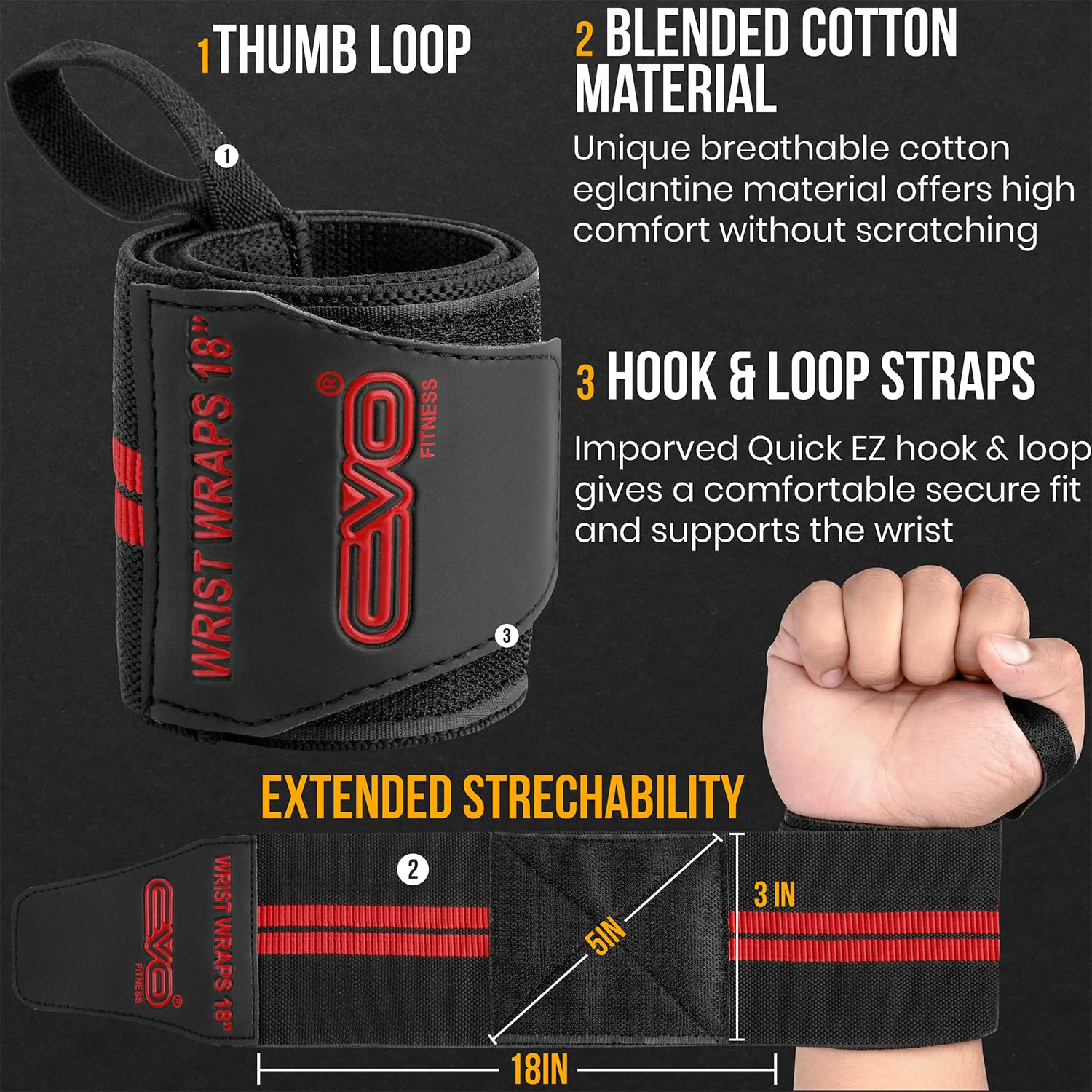 EVO Fitness Weight Lifting Wrist Wraps  (Black/Red) - Image 4