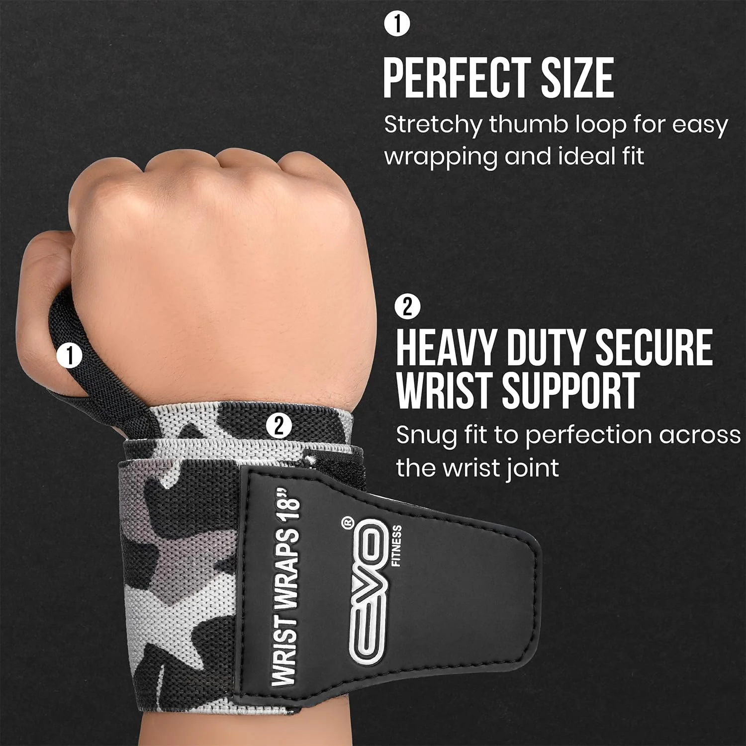 EVO Fitness Weight Lifting Wrist Wraps (Camo Grey) - Image 3
